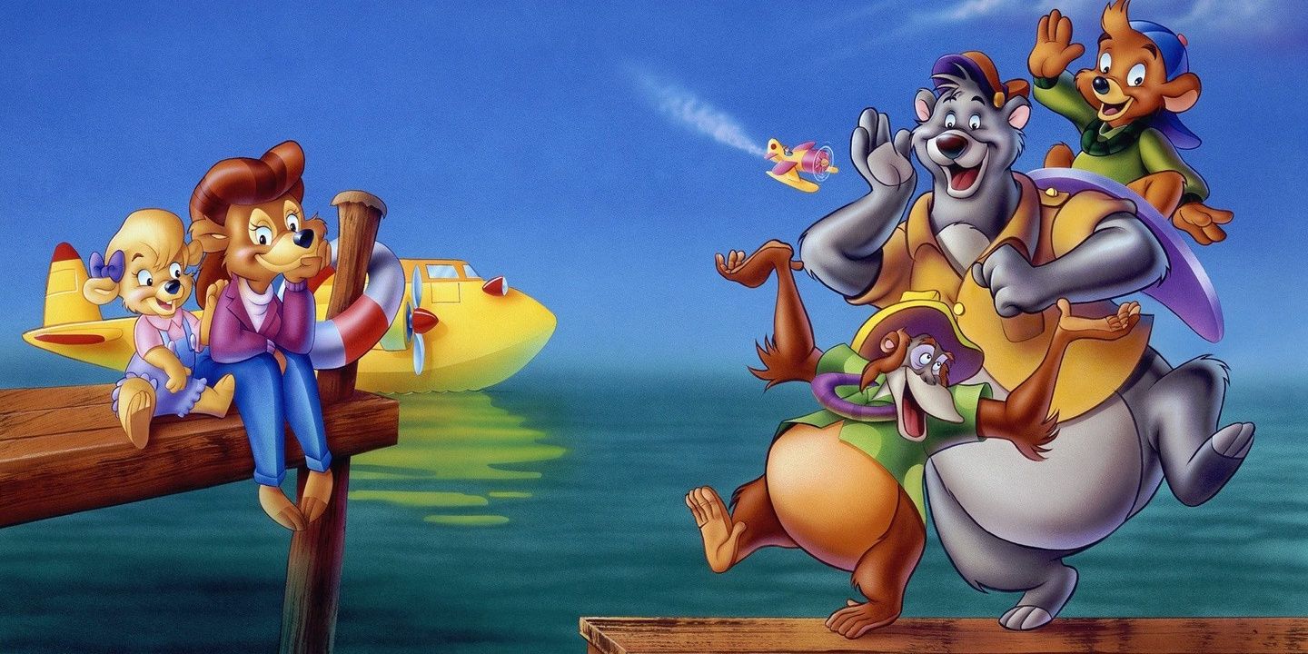 Characters of Tale Spin on a dock with a seaplane in the background.
