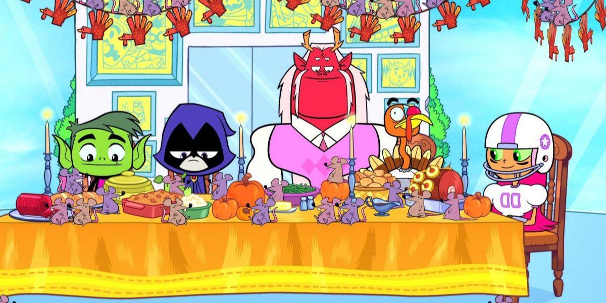 Teen Titans sitting at table with Trigon in Teen Titans Go!