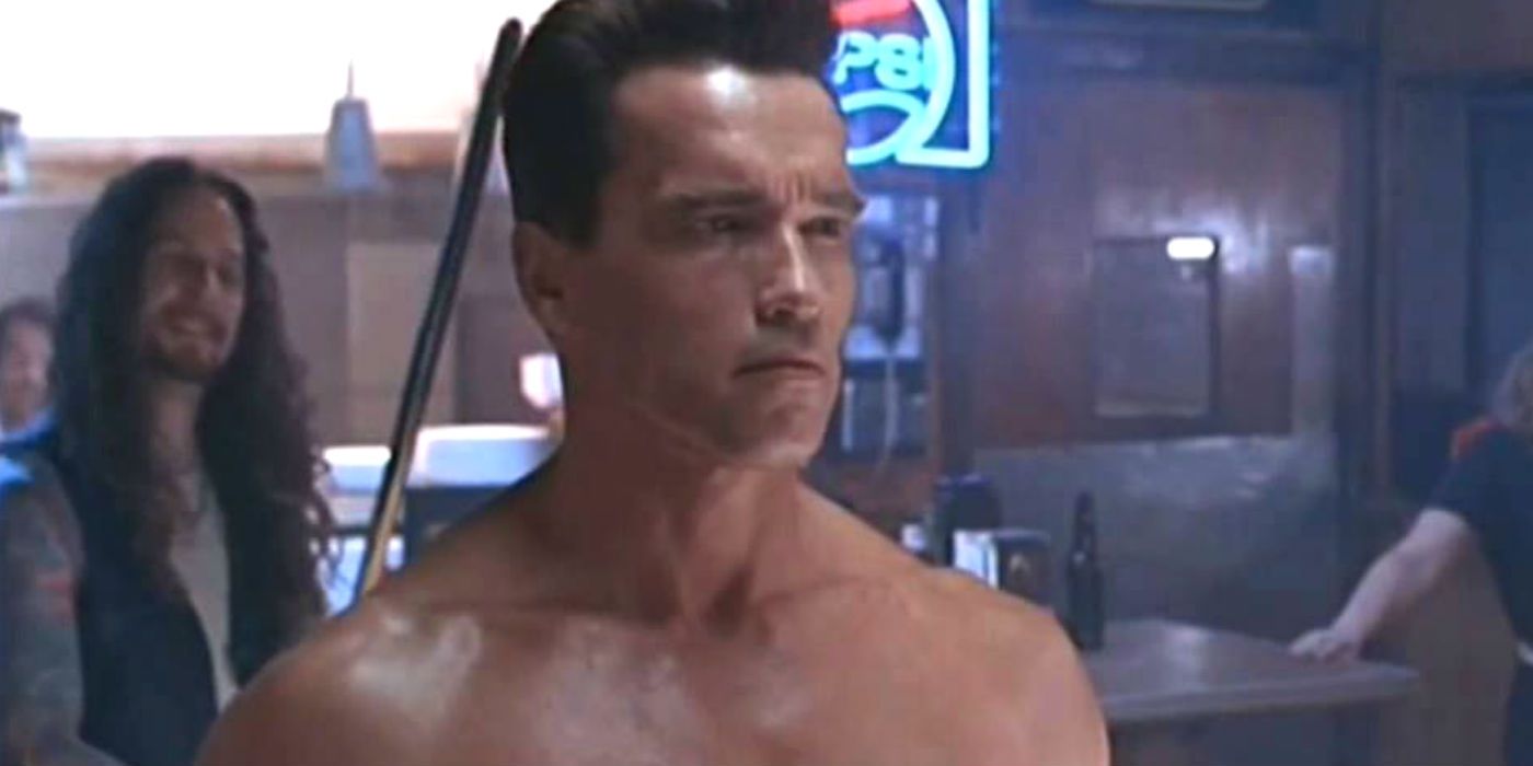 The Terminator is naked in a motorcycle bar.