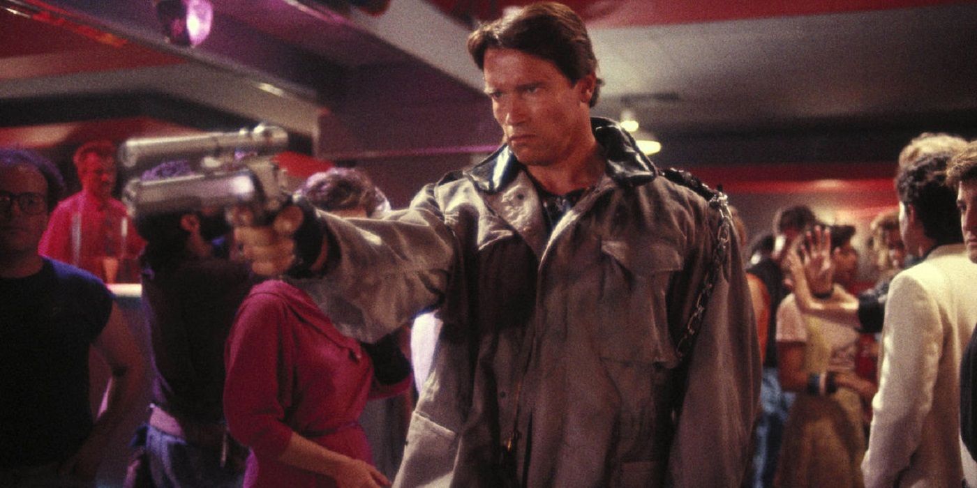 Terminator Arnold holding a gun