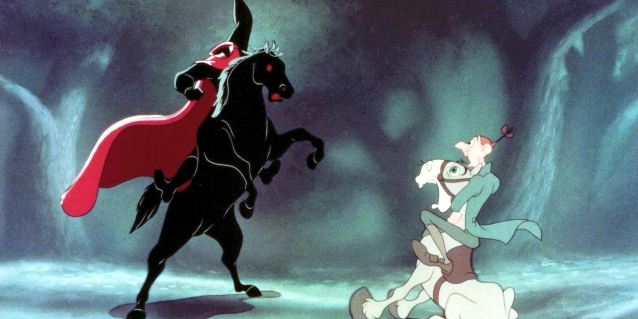 O Cavaleiro Sem Cabeça assusta um homem em um cavalo branco