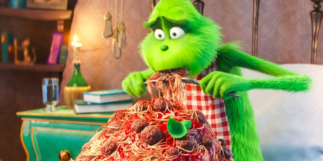 The Grinch eats a bowl of spaghetti 