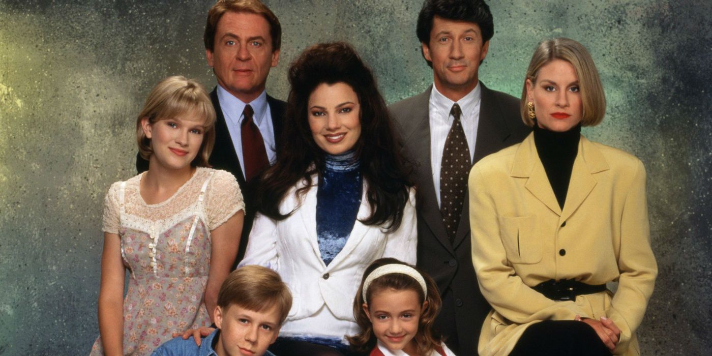 The Nanny cast posing together in front of grey background