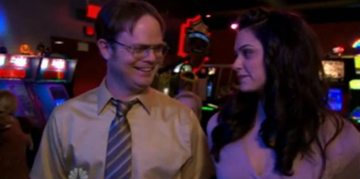 Dwight and Isabelle talking at the casino on The Office
