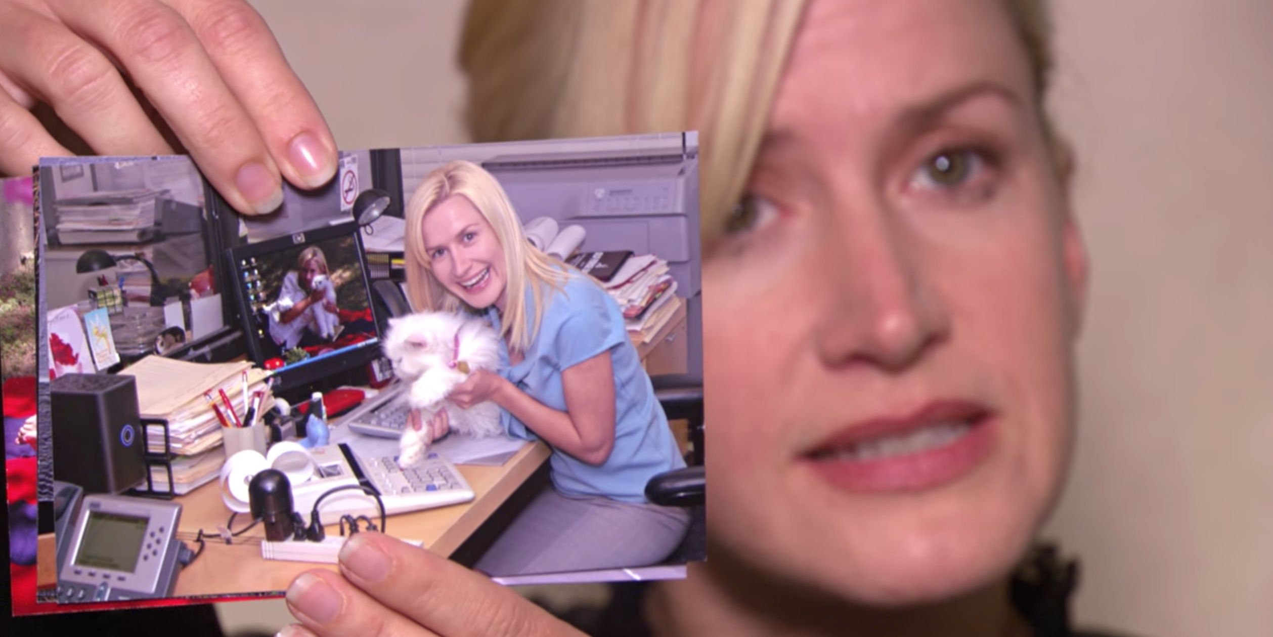 Angela holding up a picture of Sprinkles on The Office