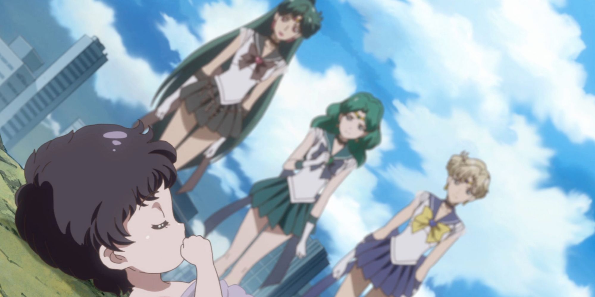 The Outer Senshi stand over a baby Hotaru in Sailor Moon Crystal