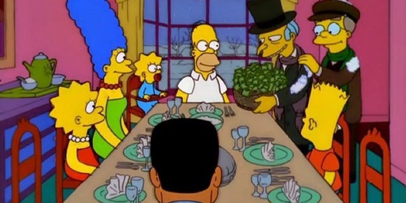 Sr. Burns dando aos Simpsons uma cesta de dinheiro em "Grift of the Magi"