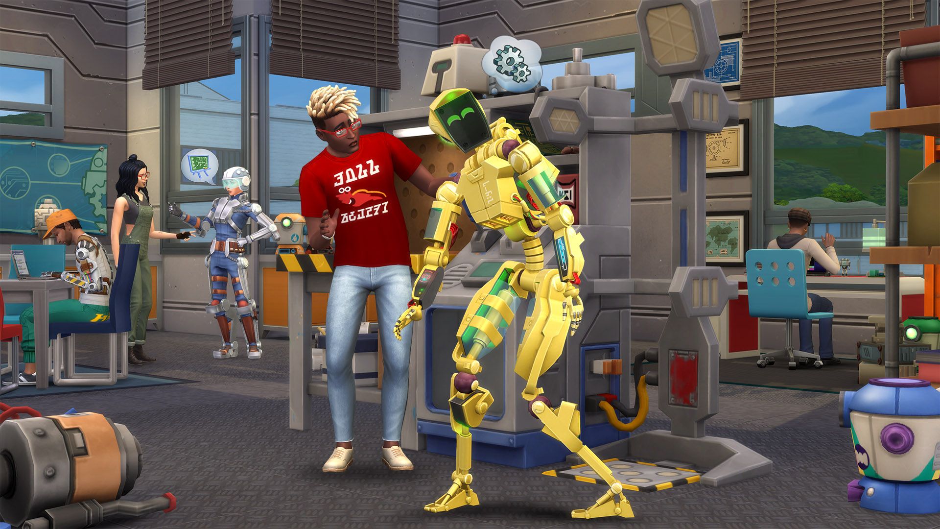 The Sims 4 Discovery University student building a yellow robot.