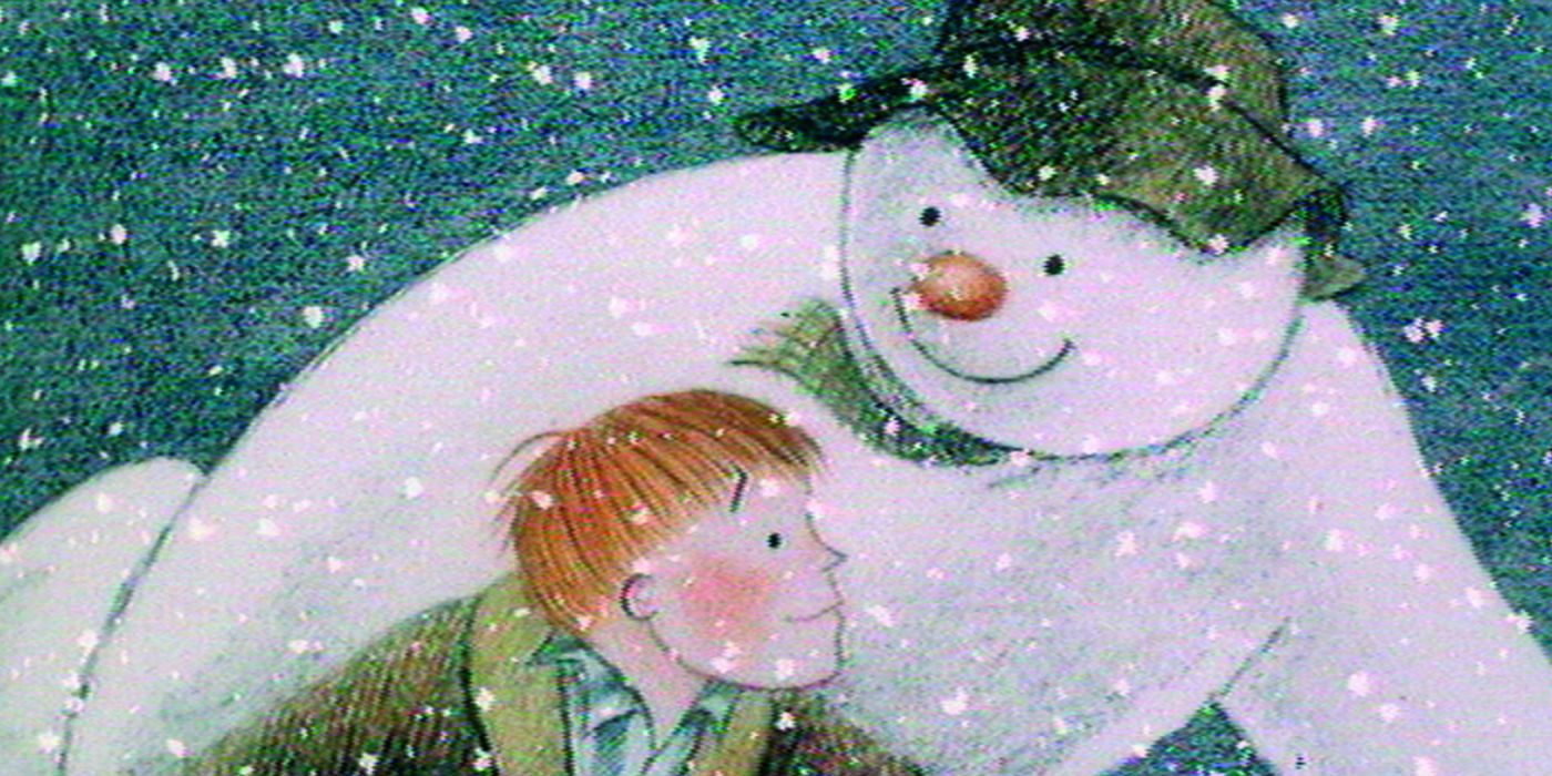 The boy and snowman flying through the air in the 1982 British animated film The Snowman based on the children's book by Raymond Briggs