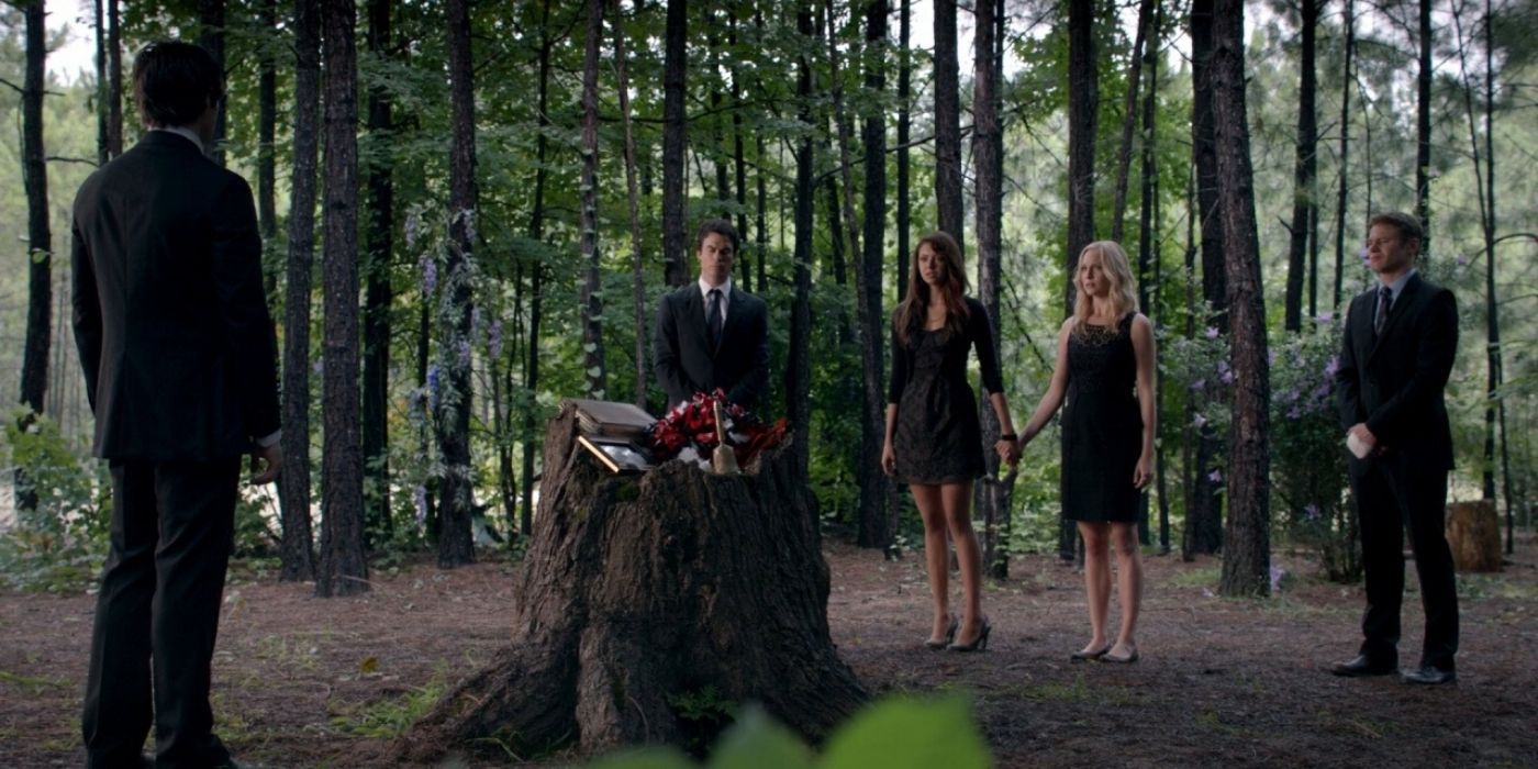 The Mystic Falls Gang at Bonnie's Funeral in The Vampire Diaries