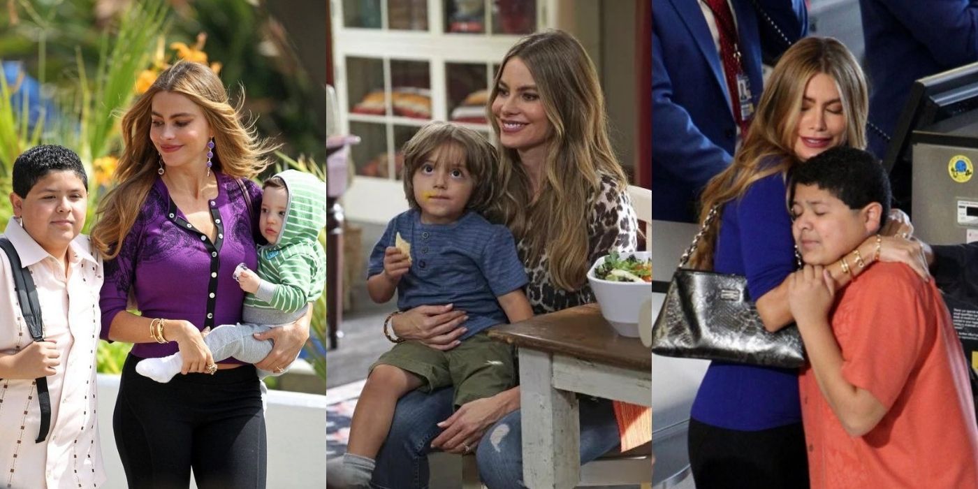 Three side by side images of Gloria with Joe and Manny on Modern Family