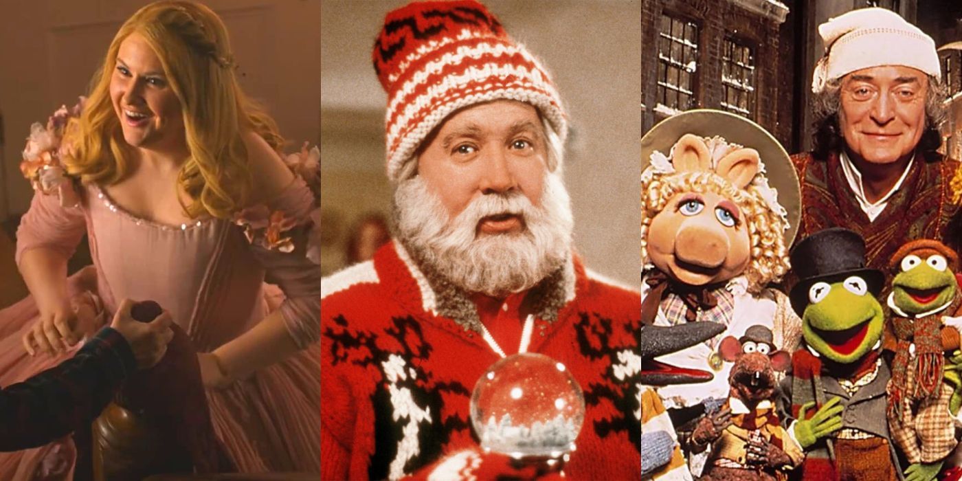 Three split images of different Christmas moves - Godmothered, The Santa Clause, and The Muppets Christmas Carol