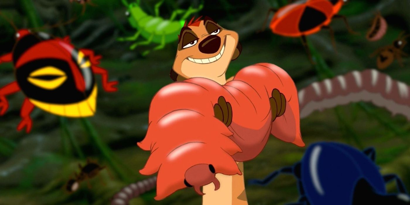 Timon holds a grub under a log in The Lion King