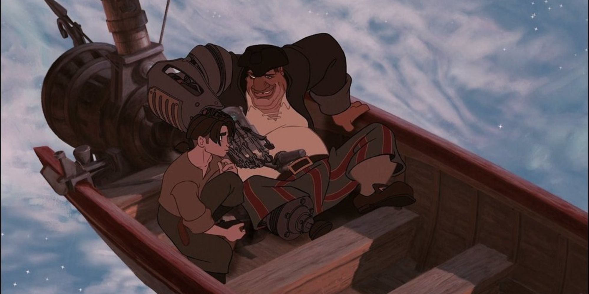 Jim and Silver in a lifeboat in Treasure Planet
