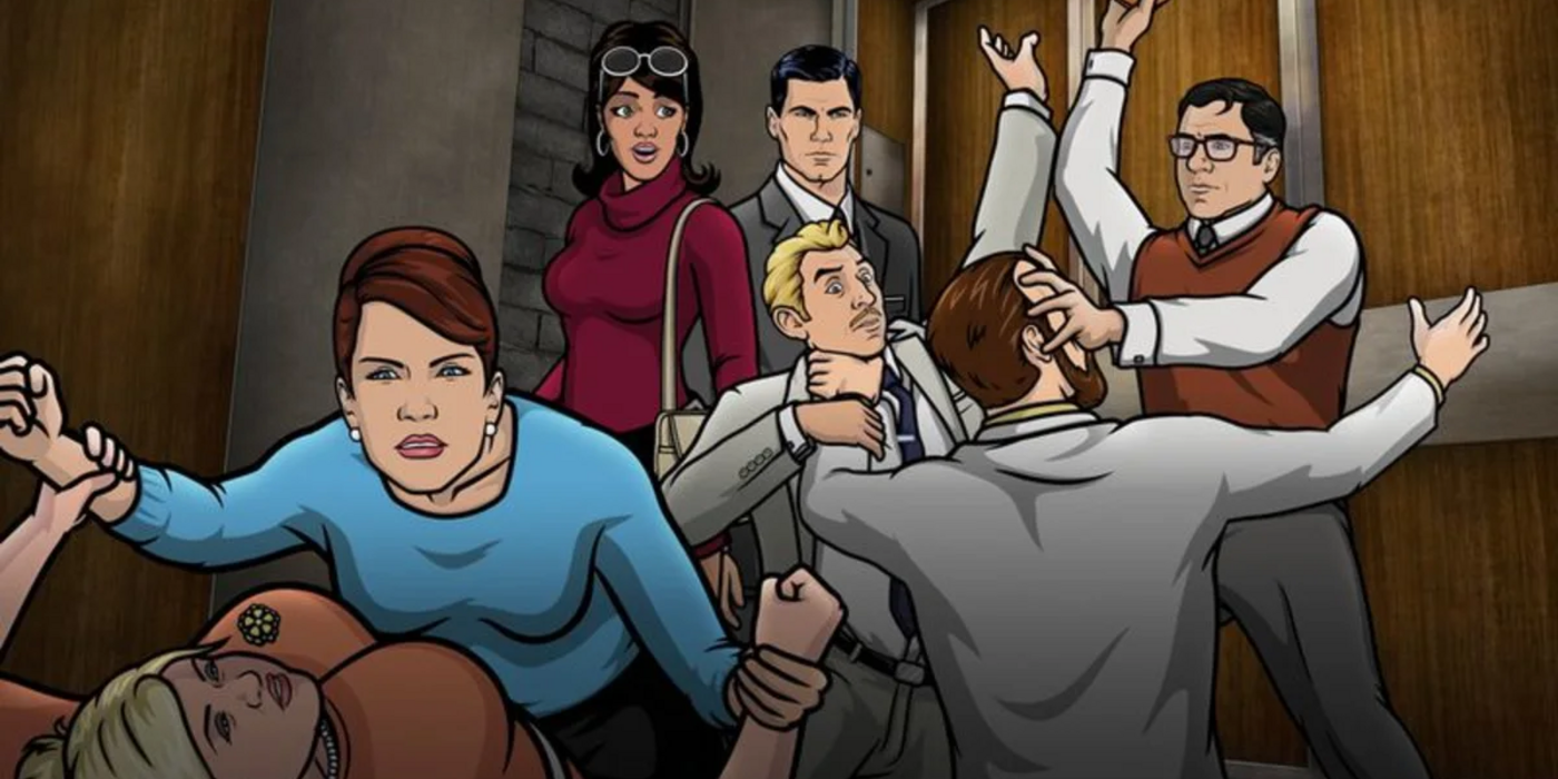 Le gang se battant dans l'ascenseur dans l'épisode Archer Vision Quest