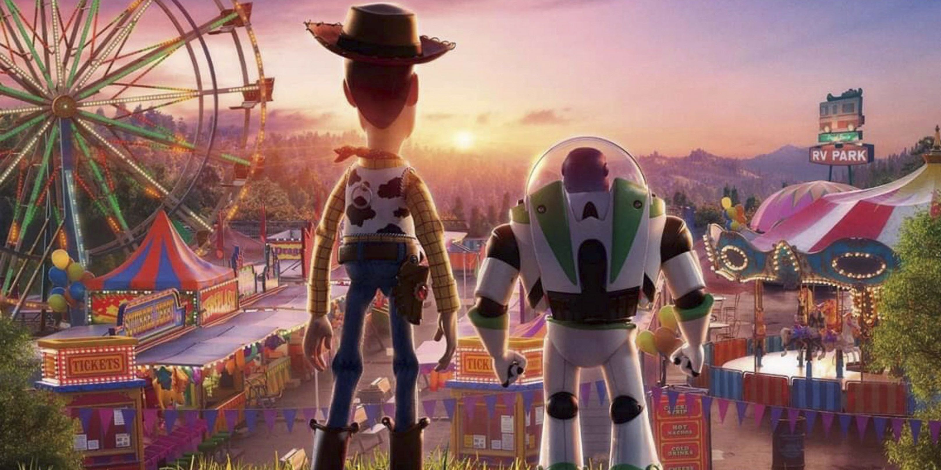 Woody and BUzz look at the fairground in Toy Story 4