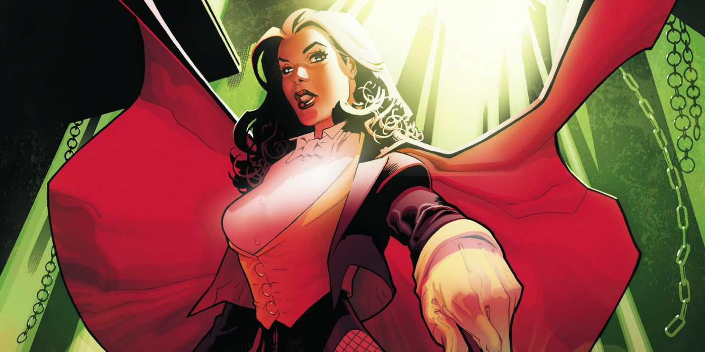 Feature Image: DC's Zatanna wearing a flowing red cape, against a green backdrop