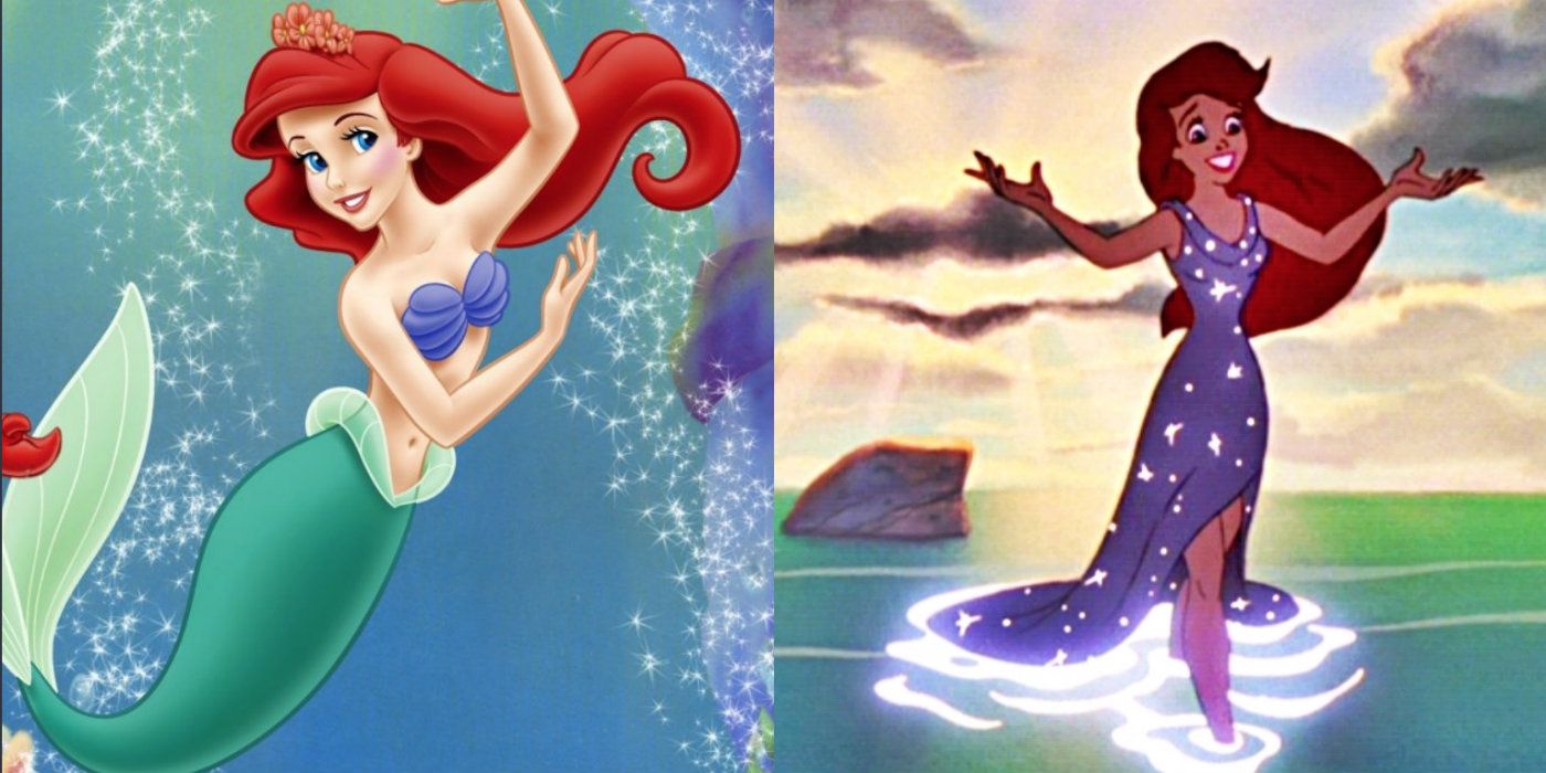 A split image features Ariel as a mermaid and as a human in The Little Mermaid