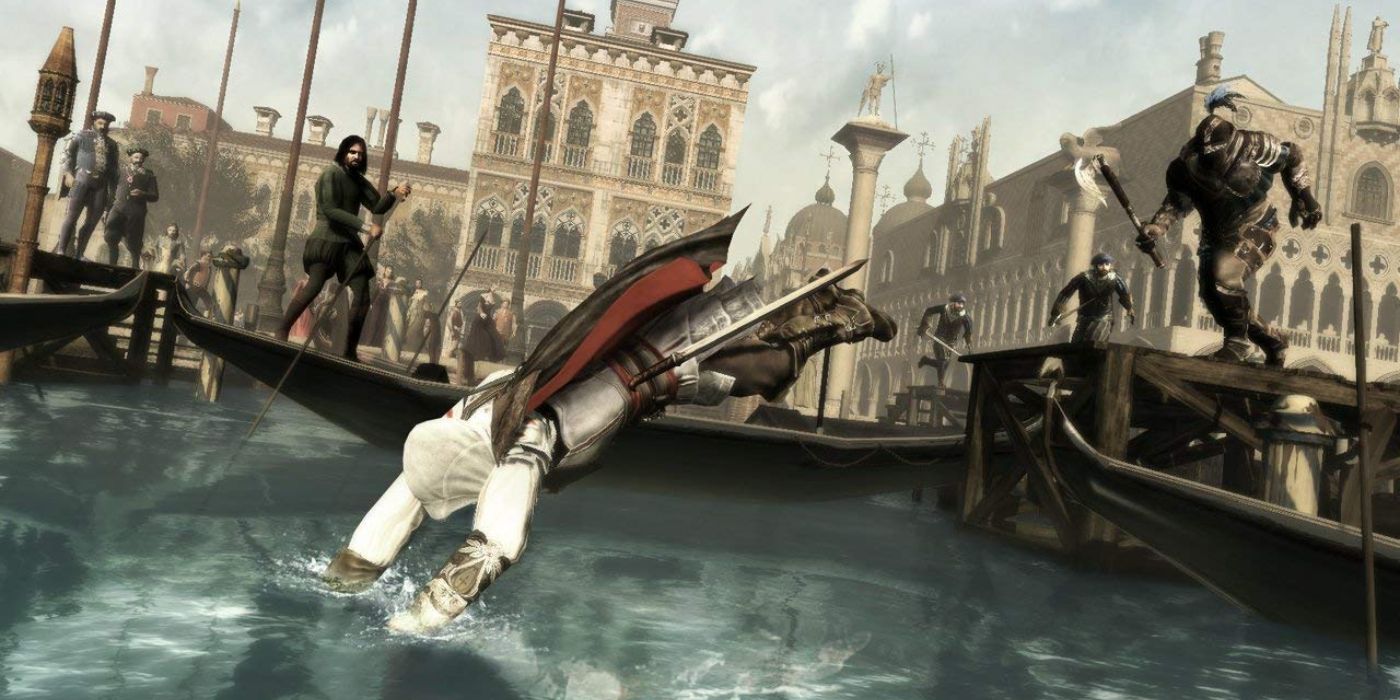 Venice harbor in Assassin's Creed with a character jumping into the water to escape from armed guards