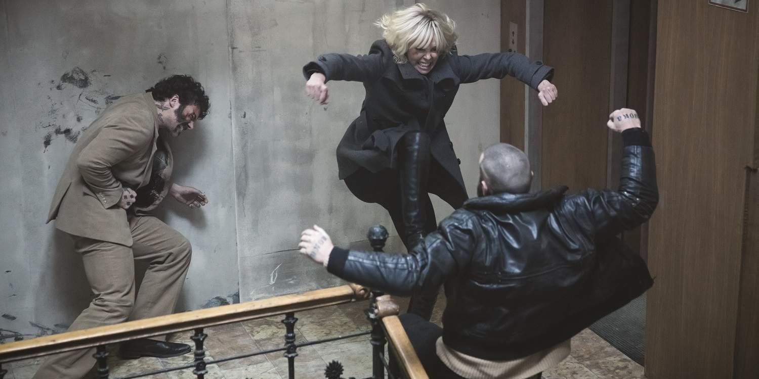 Charlize Theron fighting two goons in the stairwell in Atomic Blonde