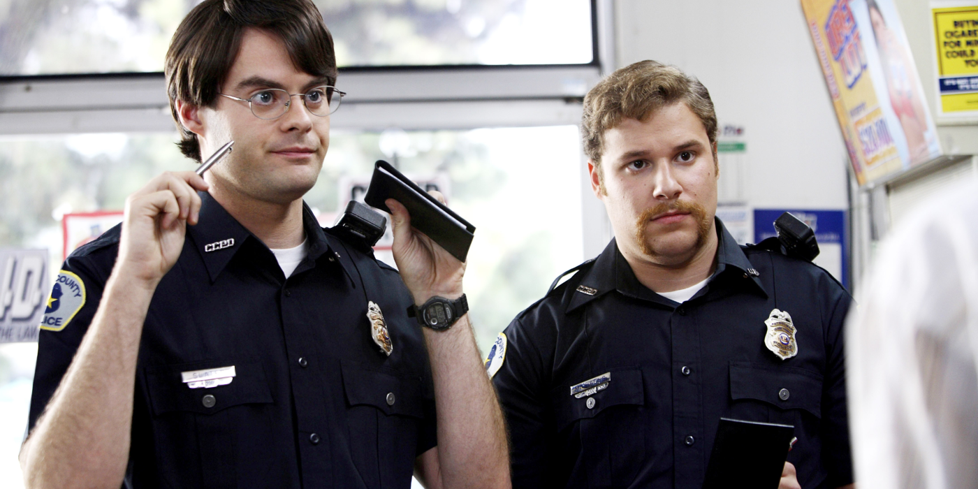 Seth Rogen and Bill Hader dressed as cops in Superbad