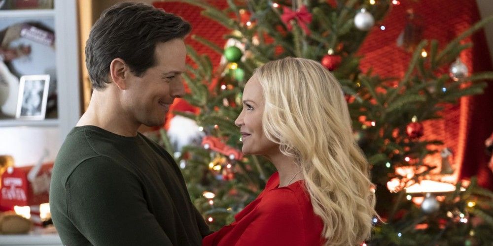 The characters smiling in A Christmas Love Story