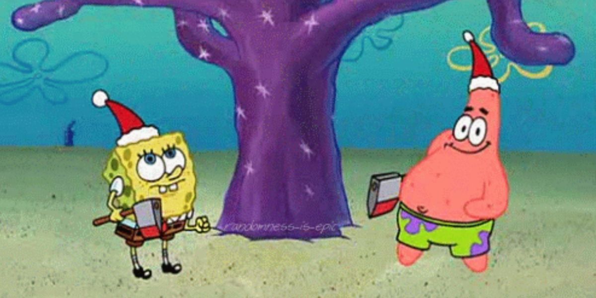 Spongebob and Patrick trying to cut down a tree on Christmas 