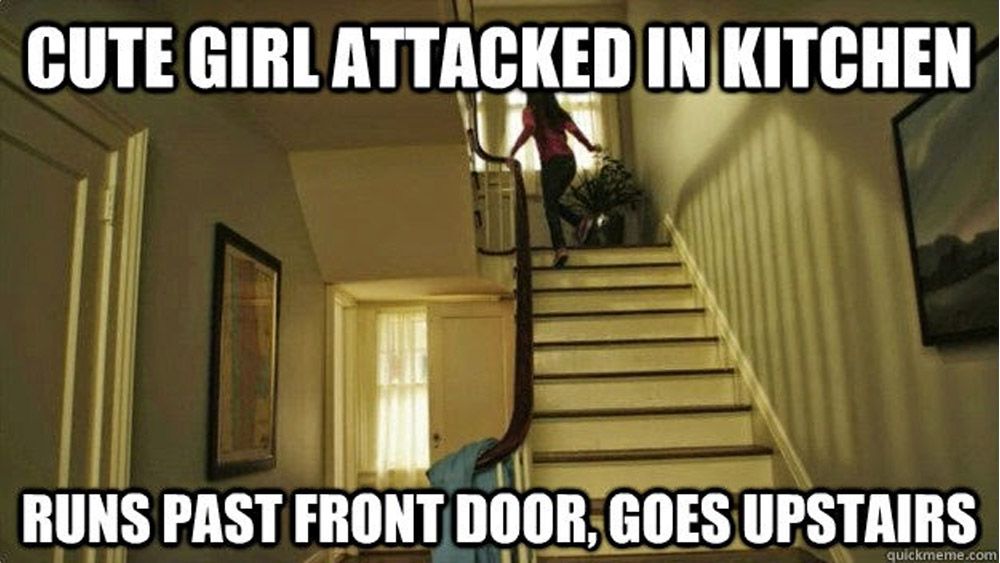 cute girl meme slasher front door
