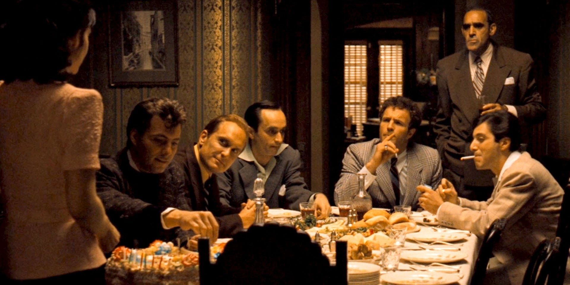 The ending of Godfather: Part II with the Corleone family gathered around a table for Vito's birthday.
