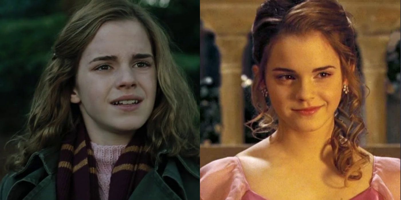 A split image features Hermione in her school clothes and Hermione in her Yule Ball dress in Harry Potter and the Goblet Of Fire