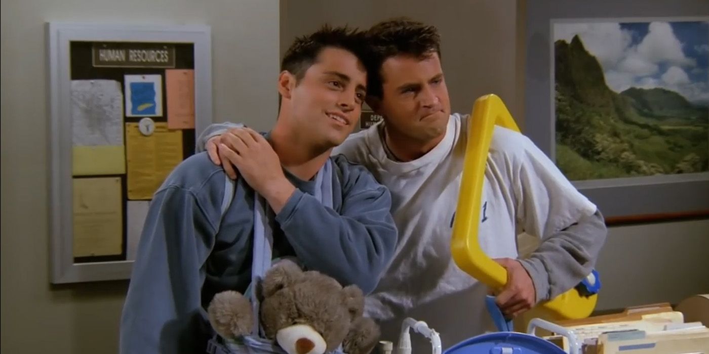 Chandler and Joey pretend to be a couple to collect Ben from the bus depot in Friends