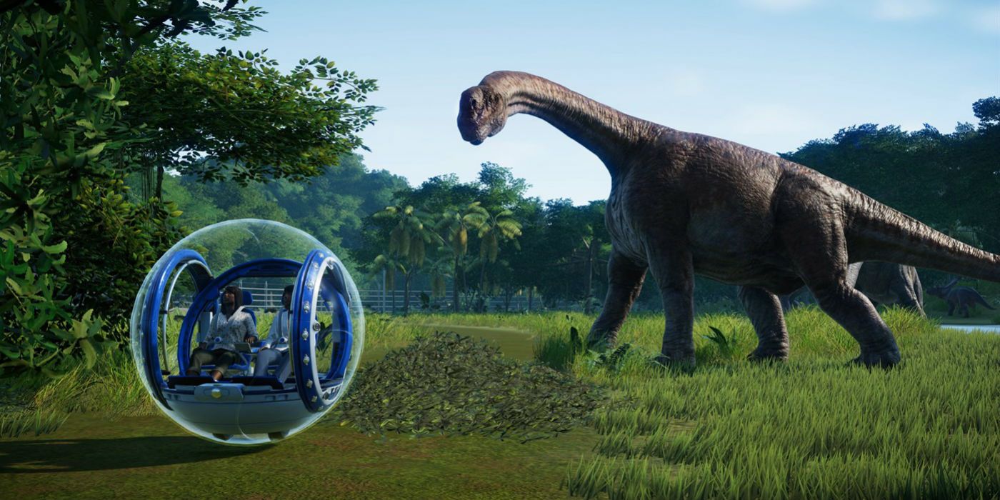 jurassic world evolution - an image of a brachiosaurus looking at the kids in their spheric vehicle