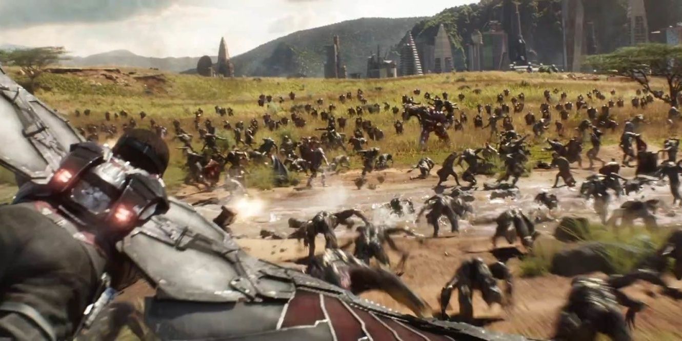 The Falcon flies over the Outriders in Avengers Infinity War