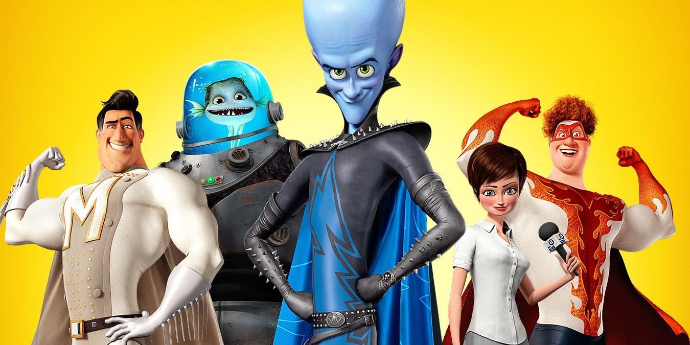 Characters from Megamind stand together in front of a yellow background.