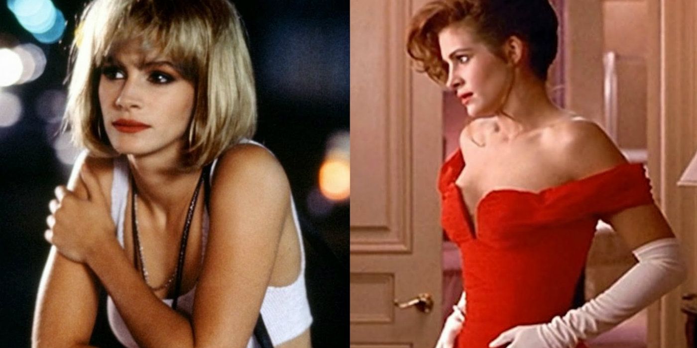 A split image features Vivian before and after her makeover in Pretty Woman