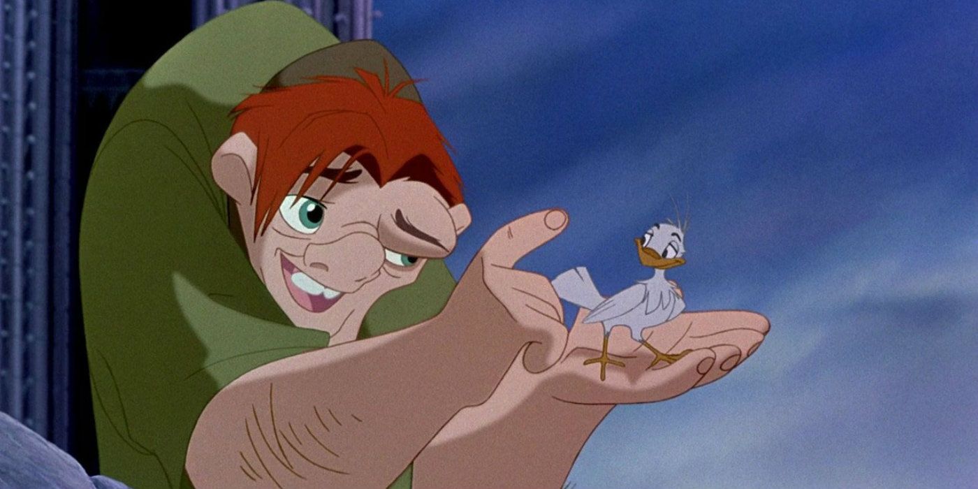 Quasimodo holds a bird in The Hunchback of Notre Dame