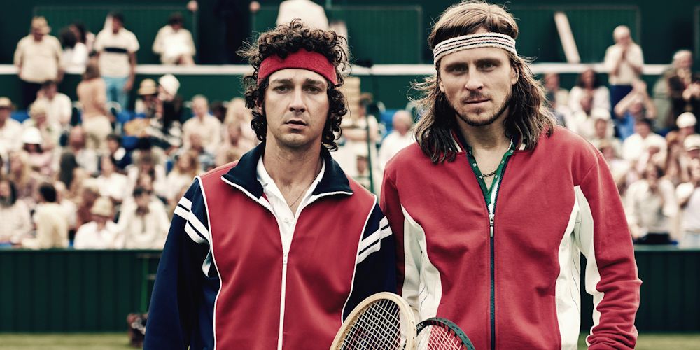 Burg and McEnroe posing for a photo at the tennis court in Borg vs. McEnroe