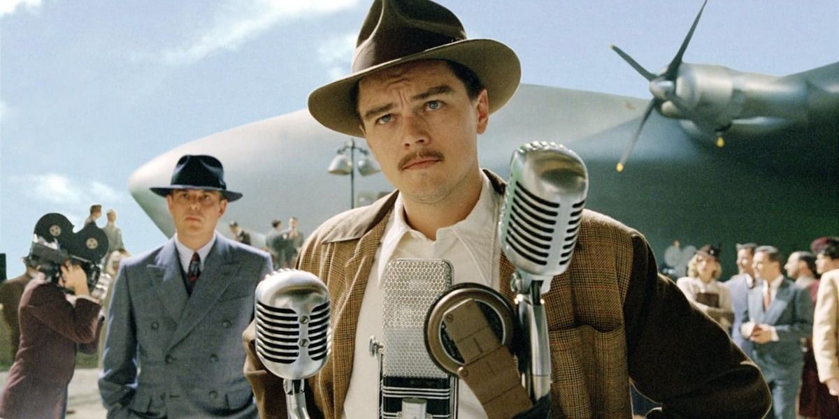 Howard Hughes talking to the press in The Aviator.