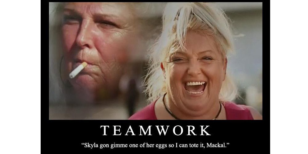 Angela from 90 Day Fiance smoking and laughing in a meme about teamwork