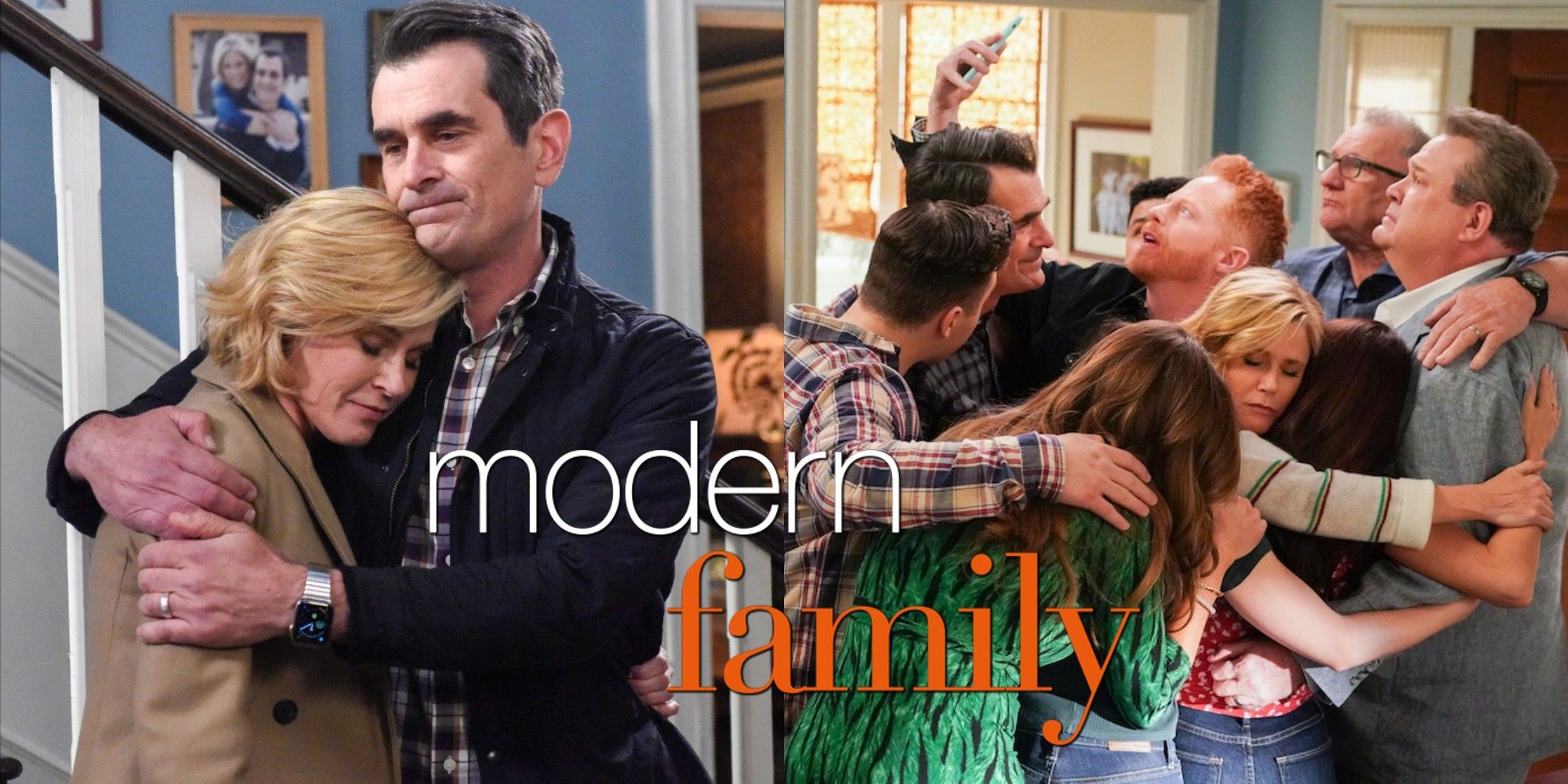 A split image Claire and Phil hugging and all the Modern Family characters hugging in the Dunphy house