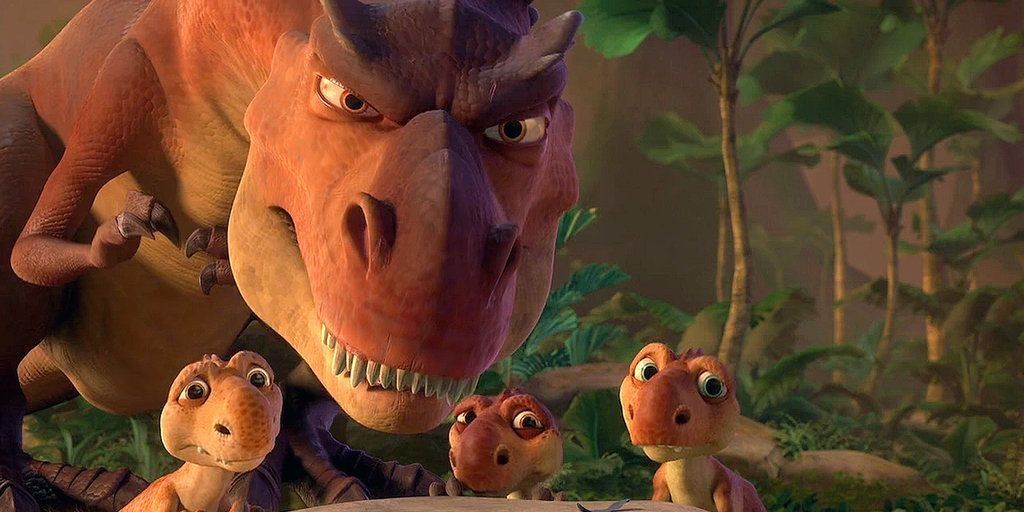 A trio of baby dinosaurs and their mother in Ice Age Dawn of the Dinosaurs