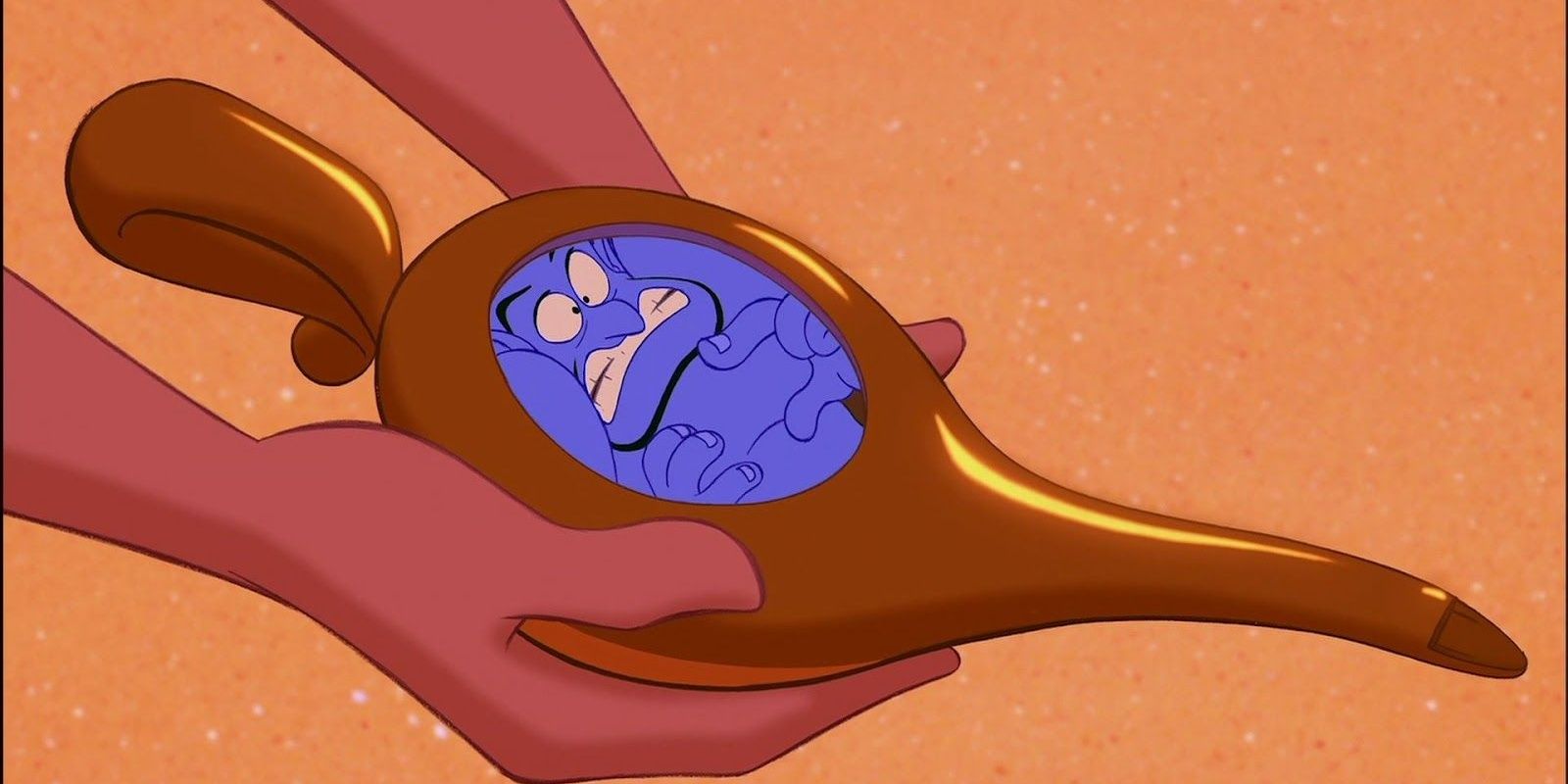 Genie demonstrating how small his lamp is by squishing himself into it in the animated Aladdin movie