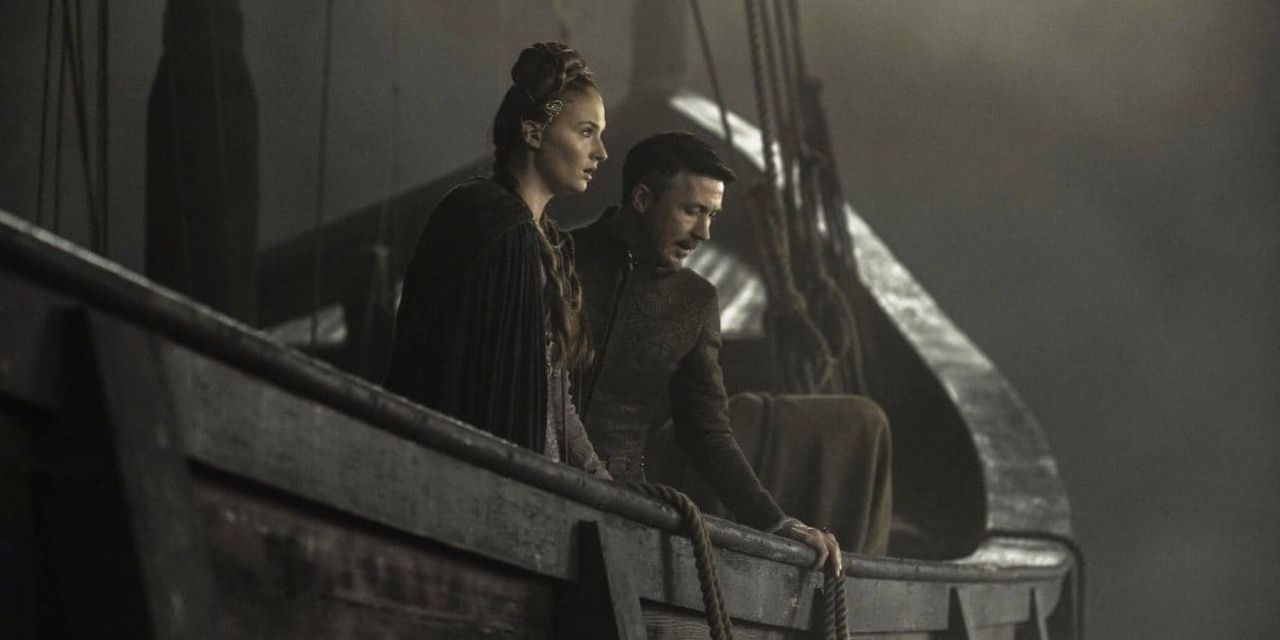 Littlefinger and Sansa on a boat in Game of Thrones