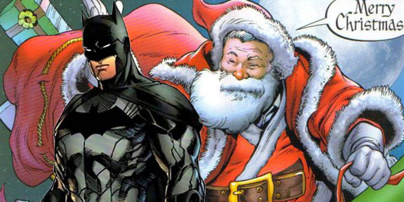 Batman and Santa Claus together with Santa saying Merry Christmas