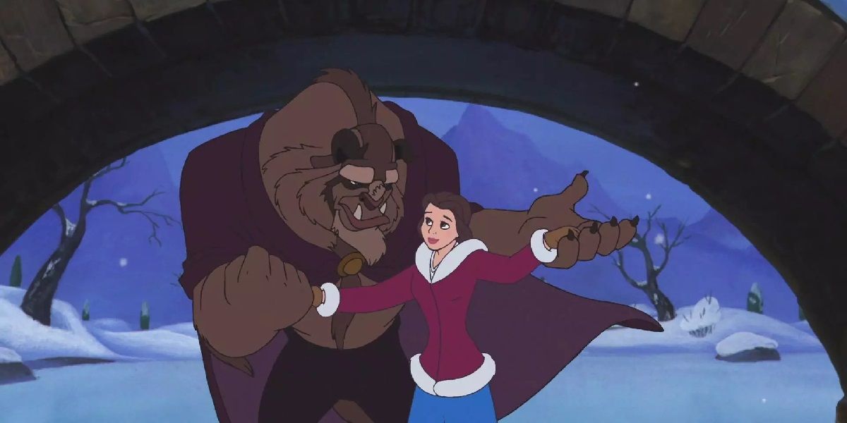 A still of Belle and the Beast skating together in The Enchanted Christmas