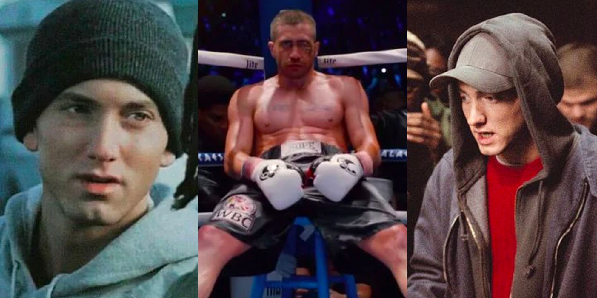 Split image of Eminem in 8 Mile and Jake Gyllenhall in Southpaw