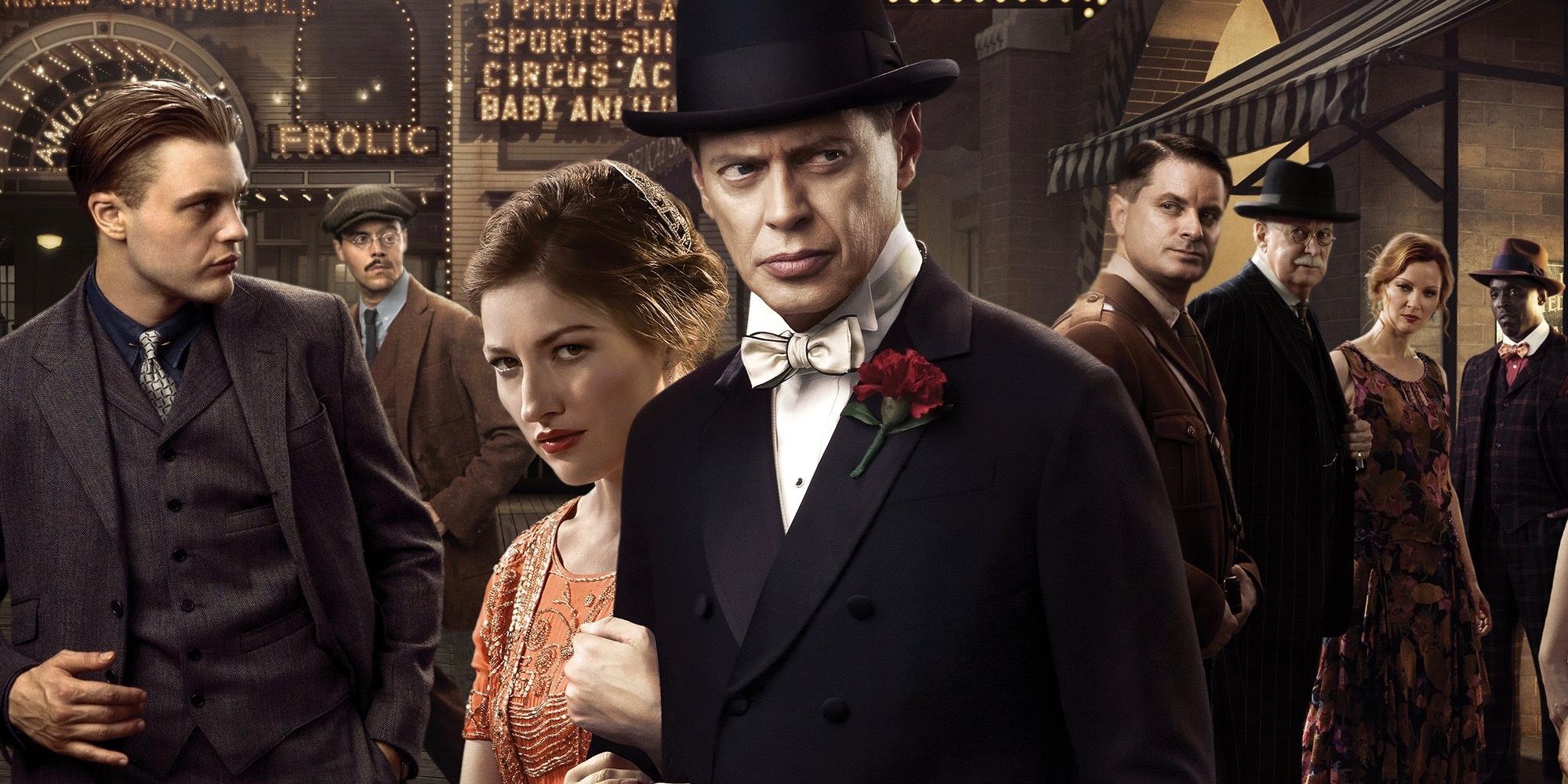 hbo Boardwalk Empire Kelly Macdonald holding Steve Buscemi surrounded by Michael Pitt and others 