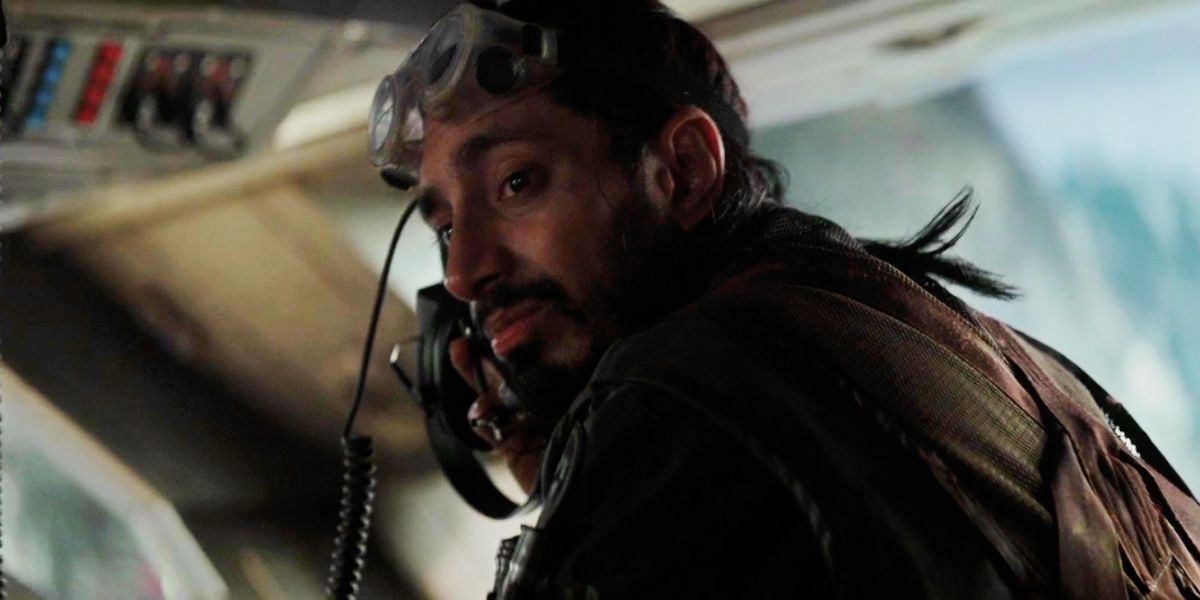 An image of Bodhi Rook flying the spaceship in Rogue One