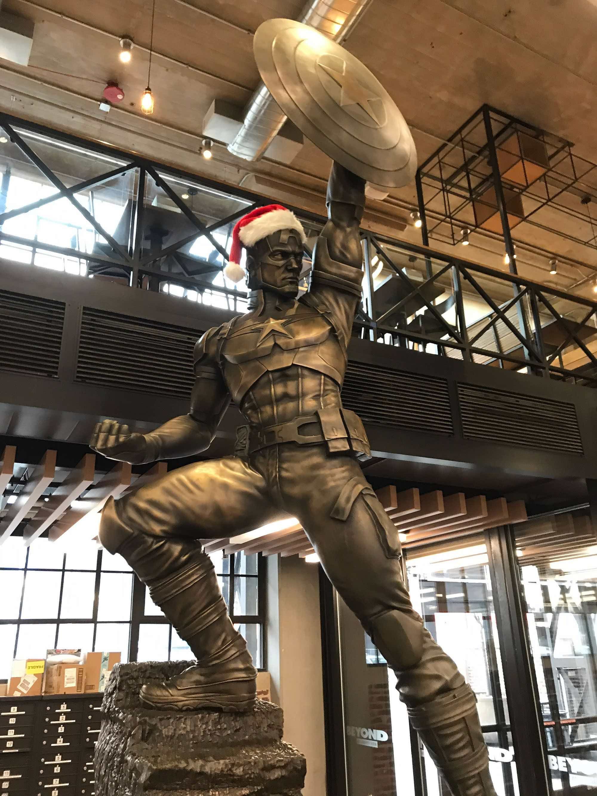 Brooklyn&rsquo;s Captain America statue in a Christmas Santa hat photo by Andrew Duncan