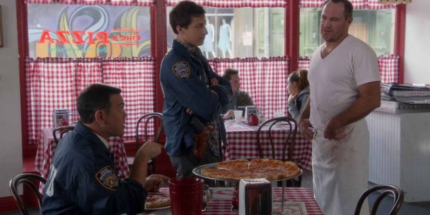 Jake and Boyle talk to a chef at Sal's Pizza